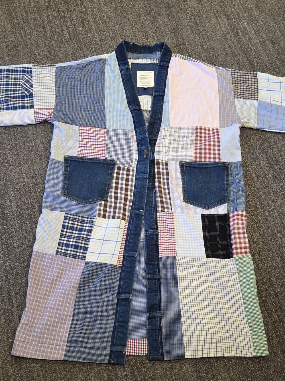 SHANNON PASSARO Patchwork Plaid Long Jacket with Denim Trim - Multicolor